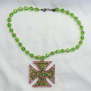 Vintage Pink & Green Rhinestone Crystal Cross Beaded Necklace